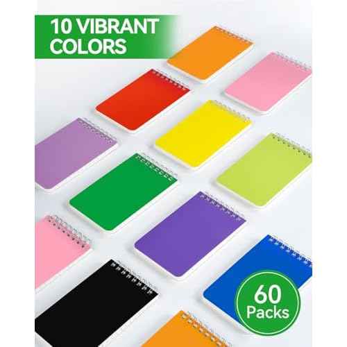 Dynta Pocket Notebook Bulk 60 Packs, 3x5 Inch Small Notepad Top Bound With Lined Pages, 10 Vibrant Colored Mini Spiral Notebooks 60Sheets/120Pages (80GSM), Memo Pads for Home, School, College, Office
