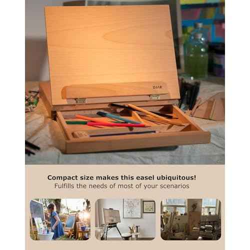 DJAR Adjustable Tabletop Art Easel ? Beechwood Desktop Sketch Easel Box with Storage Drawer & Palette, Drawing, Sketching, and Painting, Hold Canvas up to 11" x 14", Natural