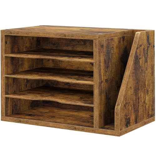 File Organizer Desktop, Wood Desk Organizer with 3 Adjustable Shelves, Mail Paper Sorter for Office, Home, File Holders for Envelopes, Mail Supplies or Magazines, Rustic Brown