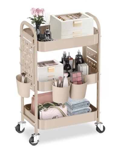 ALVOROG Khaki 3-Tier Metal Rolling Utility Cart with Pegboards, Baskets & Hooks