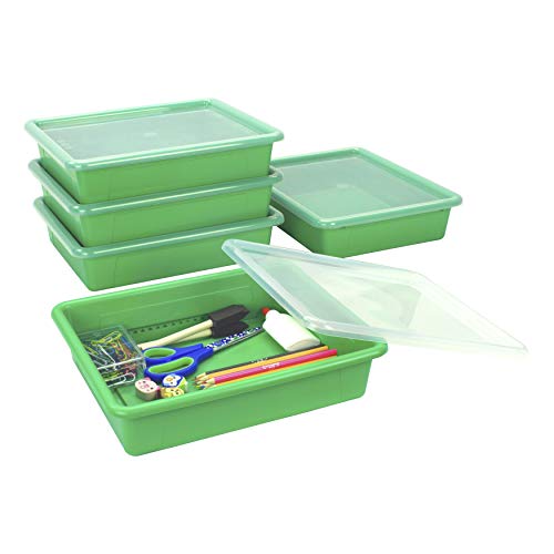 Storex Letter Size Flat Storage Tray ? Organizer Bin with Non-Snap Lid for Classroom, Office and Home, Green, 5-Pack (62539U05C)