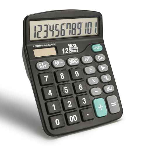 M&G Desk Calculator 12 Digit Office Calculators with Large LCD Display, Dual Solar Power and Battery, Recessed Big Button Calculator for Office Home School (Black)