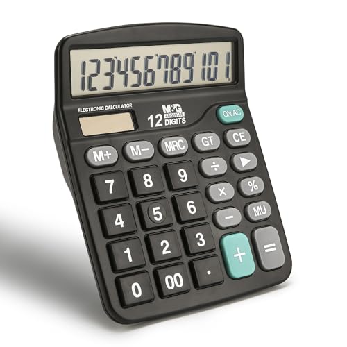 M&G Basic 12 Digit Desk Calculator with Large LCD Display, Dual Solar Power & Battery, Recessed Big Buttons for Office & Home