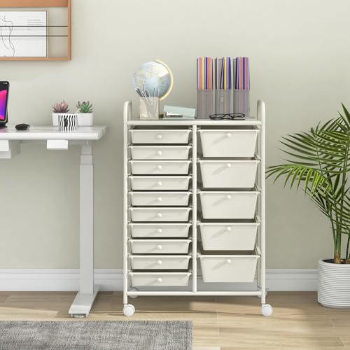 MAT EXPERT White 15-Drawer Rolling Storage Cart with Locking Casters