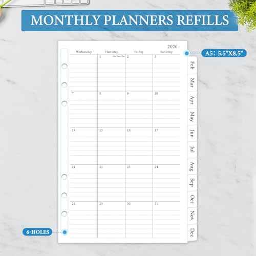 2026 Monthly Planner Refill, A5 Medium Planner Inserts for 6 Holes, 5.5"x8.5", Jan. 2026 - Dec. 2026, 12 Monthly Calendars with Laminated Tabs, 6-Hole Punched
