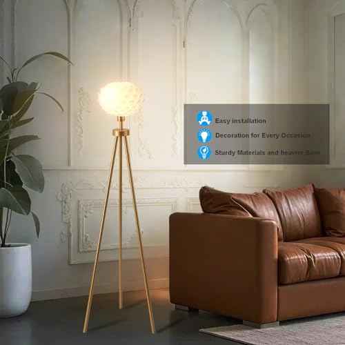 Fiqevs Flower Floor Lamp, Art Decor Gold Mid Century Modern Standing Lamp, Tripod Tall Lamp for Living Room & Bedroom, Home Office - Antique Brass