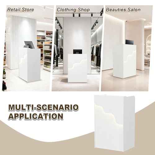 Small Reception Desk with Counter LED Light, Modern Front Desk with Lockable Drawer, White Retail Checkout Counter for Clothing Store Lobby Beauty Salon (White, 37.8x23.6x15.7in)