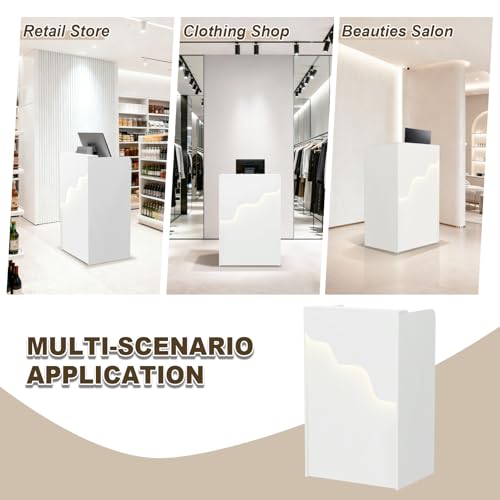 Wood Reception Desk with Drawer & LED Light, 23.6" Front Desk — White (23.6x15.7x37.8in)