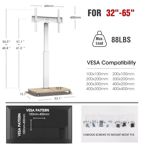 Rolling TV Stand for 32 37 43 50 55 60 65 Inch TVs, Portable Mobile TV Stand on Wheels, 8-Level Height Adjustable TV Cart with Swivel & Tilt Mount for Bedroom/Living Room/Office/Corner