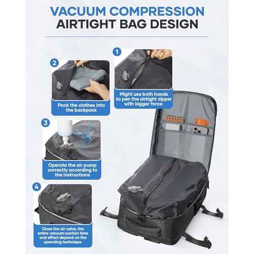 Vacuum Backpack Travel with Pump,Travel Backpack with Vacuum System, Shoe Compartment, United Airlines Personal Item Bag 17x10x9,Mochila compresion al vacio,Black