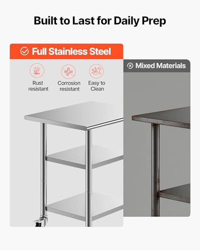 Stainless Steel Work Table 24x30 Inch with Shelves & Lockable Wheels for Commercial Kitchen
