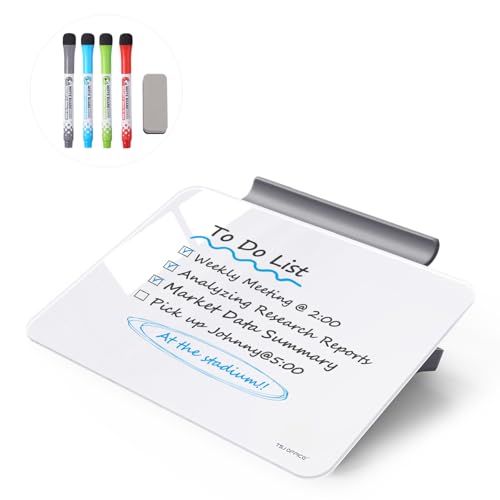 8 x 6 Inches Small Glass Whiteboard - Desktop Dry Erase Board with Stand, Markers & Eraser, White