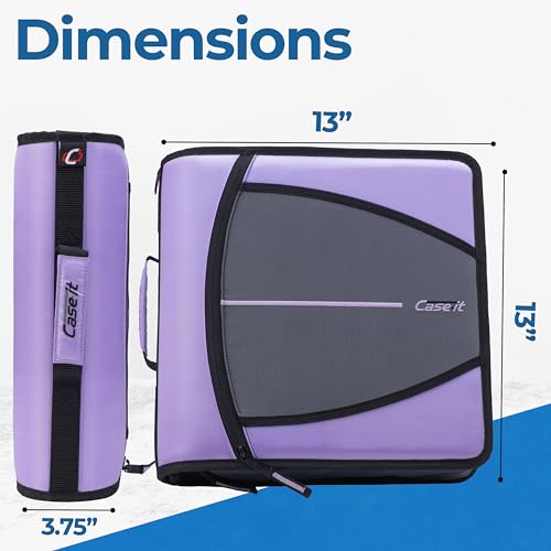 Case-it Mighty Zip Tab School Zipper Binder | 3-Inch O-Rings, 600-Sheet Capacity, 5-Subject Expanding File Folder, Multiple Pockets & Storage Organizer, Shoulder Strap | D-146 Lavender