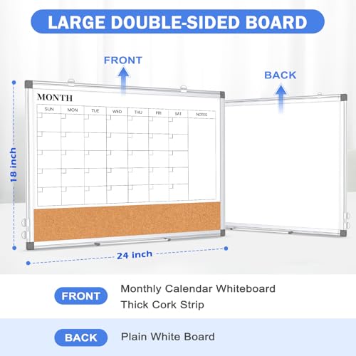 WALGLASS 24x18 Inch Dry Erase Calendar Whiteboard with Cork Strip, Wall Mountable, 3-in-1 Magnetic White & Cork Board, Includes Markers & Accessories