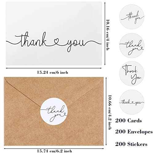 Teling 200 Set Thank You Cards with Envelopes Bulk, 6 x 4 Inch Blank Thank U Greeting Notes with Brown Kraft Envelopes Stickers Thankyou Card Set for Graduation Wedding Birthday Baby Shower(White)