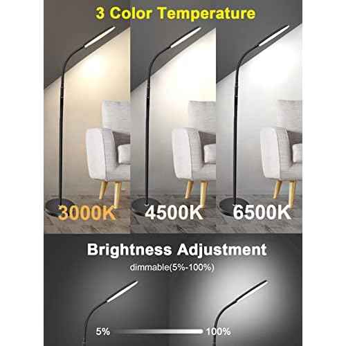 LED Floor Lamp, Bright Reading Lamp with 1H Timer, 2700K-6500K Brightness Adjustable Gooseneck Standing Lamp with Remote and Touch Control for Living Room Study Living Room Dining Room Studio