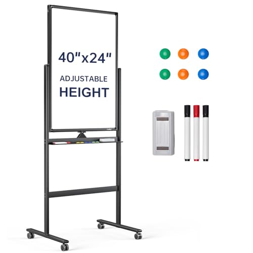 Tankee Black 24"x40" Adjustable Standing Whiteboard on Wheels - Double-Sided Dry Erase Board for Office & Classroom