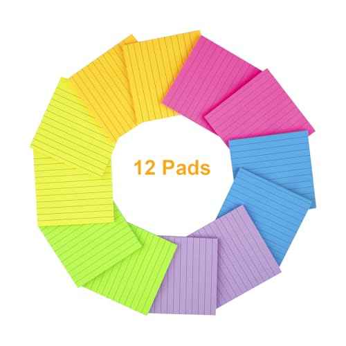 (12 Pads) Lined Sticky Notes 4x4 in, 6 Bright Colors Self-Stick Note Pads, Strong Adhesive, 47 Sheets/Pad