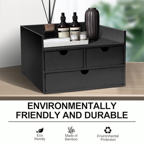 Bamboo Desk Organizer 3 Drawer with Shelf, Countertop Organizer with Drawers Makeup Storage Drawer 3 Drawers Tabletop Storage Organization Box Home Office Workspace£¨Black£©