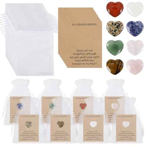 80 Sets Celebration of Life Favors Pocket Hugs Token Bulk Cards with Heart Shape Natural Stones Organza Bags Pocket Hugs for Friends for Memorial Party Supply Funeral Guest Return Favors