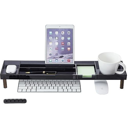 MyGift Modern Desktop Organizer Tray - Premium Translucent Dark Gray Acrylic and Solid Wood Over Keyboard Office Desk Flow Storage - Includes Cable Organizer