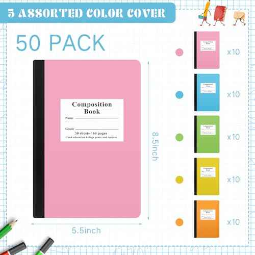 Janlaugh Composition Notebooks Bulk Wide Ruled Lined, 8.5 x 5.5 Inch, 30 Sheets/60 Pages, Back to School Supplies, First Day of School Notebooks for Teacher Student Office Supplies(50 Pack)