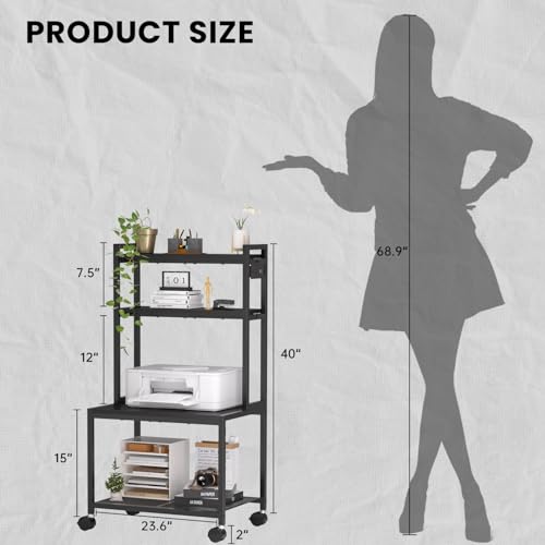 Printer Stand with Charging Station, 4-Tier Printer Stand with Storage, Large Tall Printer Table with Wheels for Home Office, Kitchen, Living Room, PrinterCart Beside Desk for Printer, Scanner Black