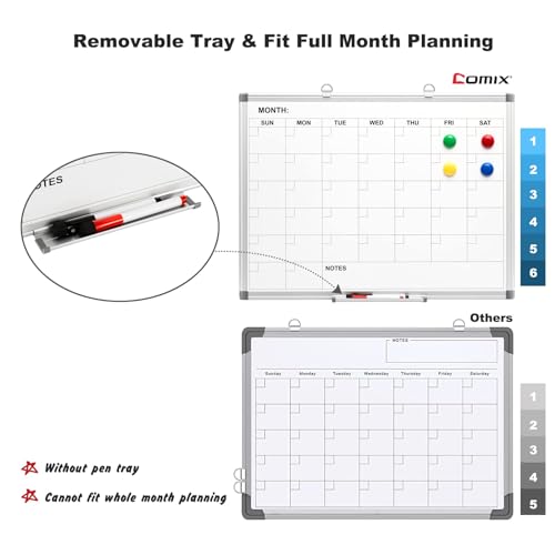 Comix Magnetic Dry Erase Calendar Whiteboard, 24 x 18 Inches Monthly Calendar Dry Erase Board for Wall, Aluminum Frame Planner White Board with Markers, Eraser, Magnets