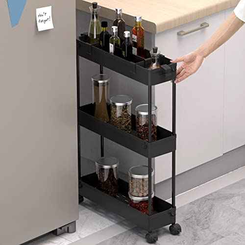 SPACELEAD Slim Storage Cart 3 Tier,Bathroom Organizer Rolling Utility,Mobile Shelving Unit Slide Out for Office, Kitchen, Laundry Room & Narrow Places,Black