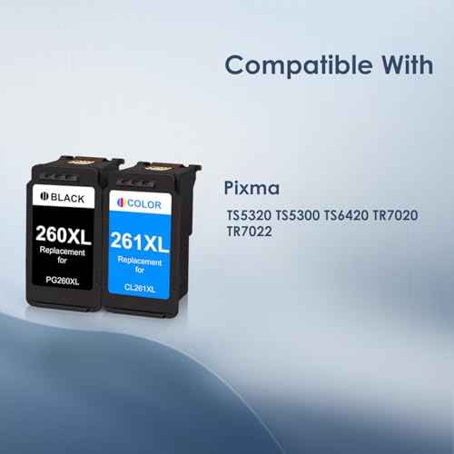 PG-260 XL/CL-261 XL Value Pack Ink Cartridge Replacement for Canon 260 261 260XL 261XL Ink cartridges Work for Pixma TR7020 TS6420 TR7022 TS5300 TS5320 Printer (1 Black,1 Color)