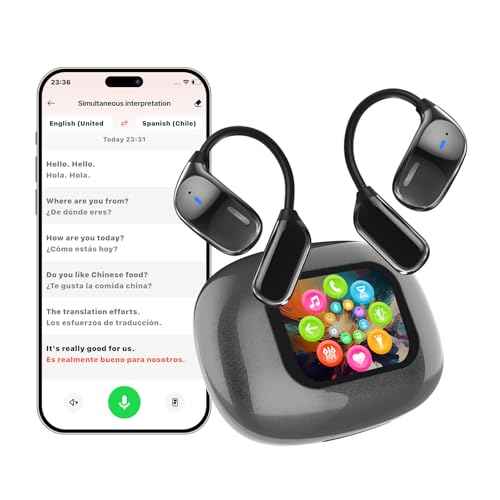 AI Translation Earbuds Real Time- 144 Languages, Meeting Assistant, LCD Touch Screen, Noise Cancelling, Wireless Open Ear Translator Earbuds- Used for Travel, Business, Learning, Grey pr
