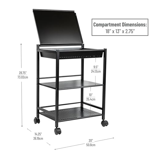 Mind Reader Cart with Covered Compartment, Office Organizer, Storage, 3-Tier, Office, Metal, 20" L x 14.25" W x 28.75" H, Black