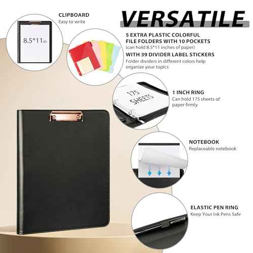 Leather Clipboard with Storage, Zippered Padfolio Portfolio Organizer, 3 Ring Binder 1 Inch, Notepad, Tablet Sleeve, 5 Dividers with Pocket, Stickets for Office, Nurses, Students, Teachers Black
