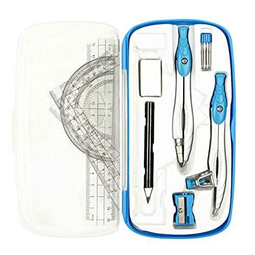 Lifreer Geometry Set,10 Pcs Protractor and Compass Set, Math and Ruler Set for Students, Class Supplies, and School - Essential Compass Geometry Tools for Precision and Quality (Blue)