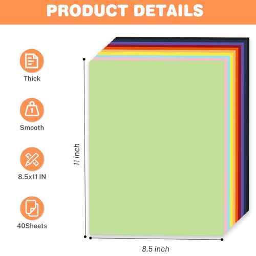 Cardstock 8.5 X 11, 40 Sheets 10 Colors Card Stock, 75lb/ 200gsm Copy Paper, Cardstock Printer Paper For Art, Drawing, Invitations, DIY Cards, Watercolor, Craft, Construction, School & Office Supplie