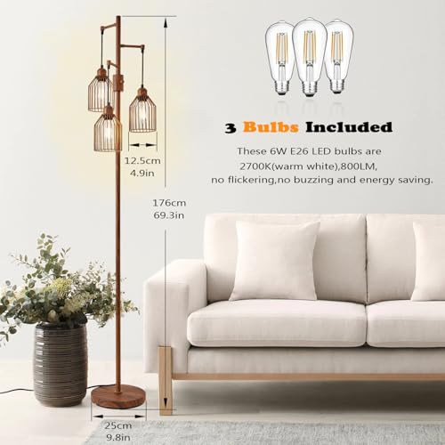 Dimmable Floor Lamp for Living Room, Farmhouse Floor Lamps with Elegant Hanging Cage, 3 x LED Edison Bulbs Included, 68.5" Industrial Standing Light for Bedroom Office Home Decor (Wood)