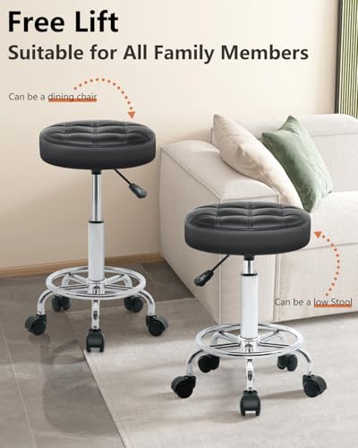 ACFOUL Rolling Stool with Wheels, Black – Adjustable PU Leather Office Chair with Footrest