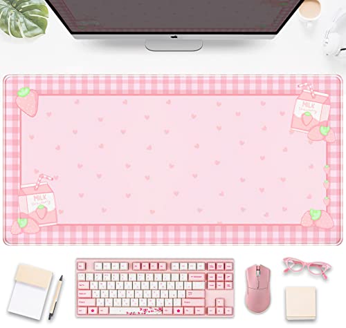 Pink Heart Kawaii Desk Mat Large Mouse Pad for Gaming & Office, 31.5x15.75 in