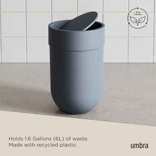 Umbra Touch Trash Can, Small Garbage Bin Waste Basket with Lid for Bathroom, Slate Blue