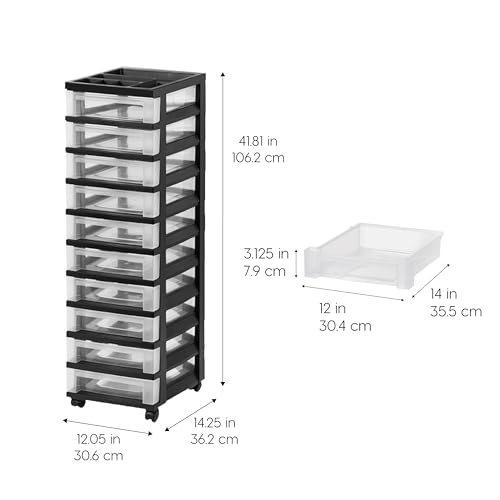 IRIS USA 10-Drawer Rolling Storage Cart, Black/Clear - Includes Casters