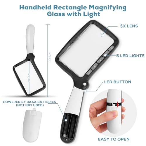 Tobegiga Black Handheld LED Lighted Reading Magnifier 5X Rectangle for Seniors