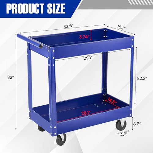 2 Tier Metal Utility Cart,330 Lbs Metal Heavy Duty Utility Cart On Wheels,2 Shelf Steel Rolling Tool Cart, Tool Storage Organizer for Mechanic, Garage, Workshop, Warehouse & Repair Shop