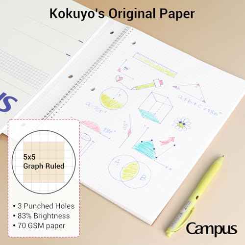 KOKUYO Spiral Notebook with 5x5 Graph Paper, 3 Pack Campus 10-1/2" x 8" Subject Notebooks, 80 Sheets, Light Pink Blue Off-White 3 Holes School Spiral Journal for Study Planner Drawing (WSG-SU-400G4¡¿3)