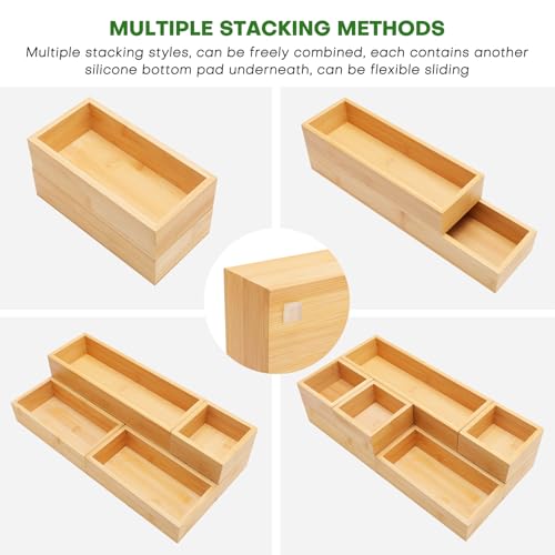 Bamboo Drawer Organizer Set, 9 PCS Multi-Use Individual Wood Storage Organizers, Junk Drawer Divider and Storage Trays Containers for Kitchen, Bathroom, Office Desk, Makeup, Jewelry, Utensils