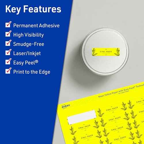 Avery Printable Rectangle Labels, Sure Feed Technology, 1/2" x 1-3/4", Neon Yellow Labels, Print-to-The-Edge, Laser/Inkjet Printable, 2,400 Total, Great for Jars and More