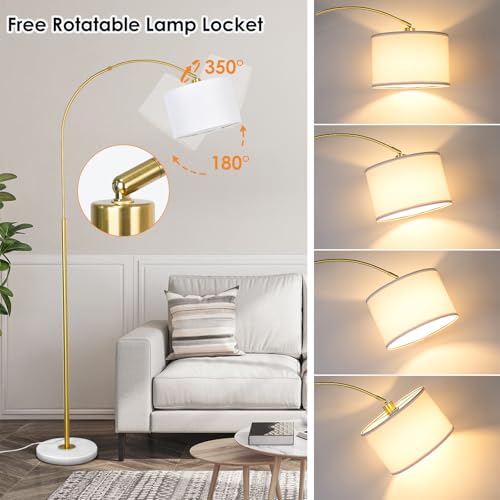 Arc Floor Lamp with Remote, Modern Standing Lamp for Living Room with Stepless Dimmable Bulb, Drum Shade, Foot Switch, Tall Floor Lamp for Farmhouse Bedroom Night Stand (Gold)