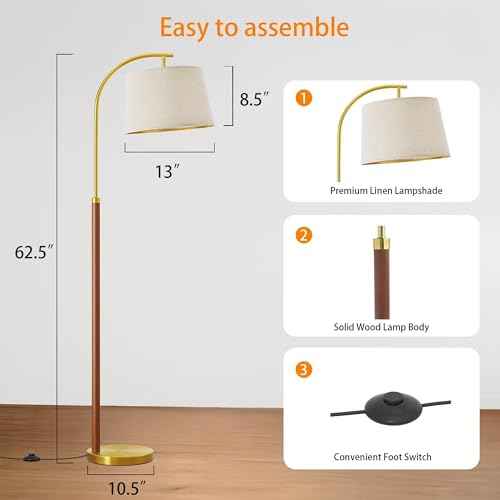 62.5" Wood Floor Lamp for Living Room Gold with Foot Switch Arc Standing Tall Lamps for Bedroom Mid Century Modern Corner Floor Lamps for Office Nursery Industrial Reading Light Room Lamp