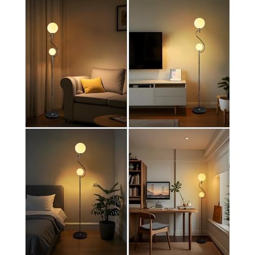 Lightdot 63 Inch Globe Floor Lamp, Mid Century Black Standing Lamps with 2 Globe Soft Warm White Eye Care 3000K Bulbs Included, Modern Tall Lamp for Living Room Bedroom
