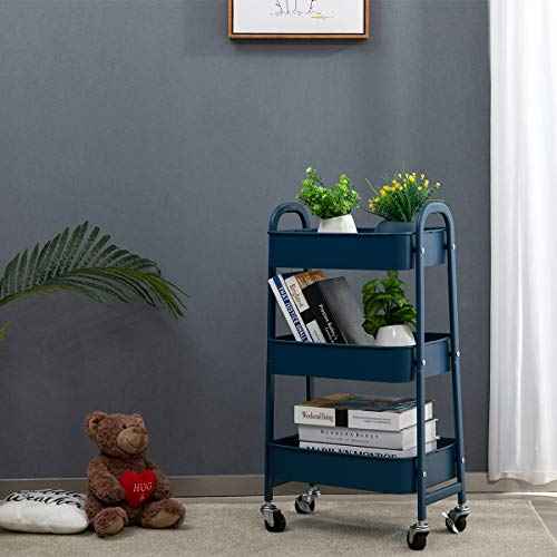 AGTEK Makeup Cart, Movable Rolling Organizer Cart, 3 Tier Metal Utility Cart,Navy Blue