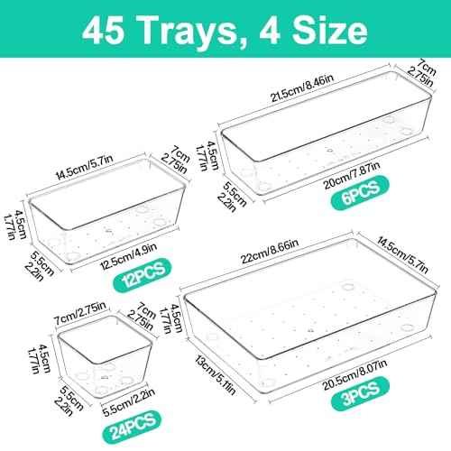 Clear Plastic Drawer Organizers Set of 45 Vanity Organizers Stackable Storage Bins Dividers Bathroom Organizers Storage Vanity Organizer Bins for Makeup, Kitchen Utensils, Jewelries, Office